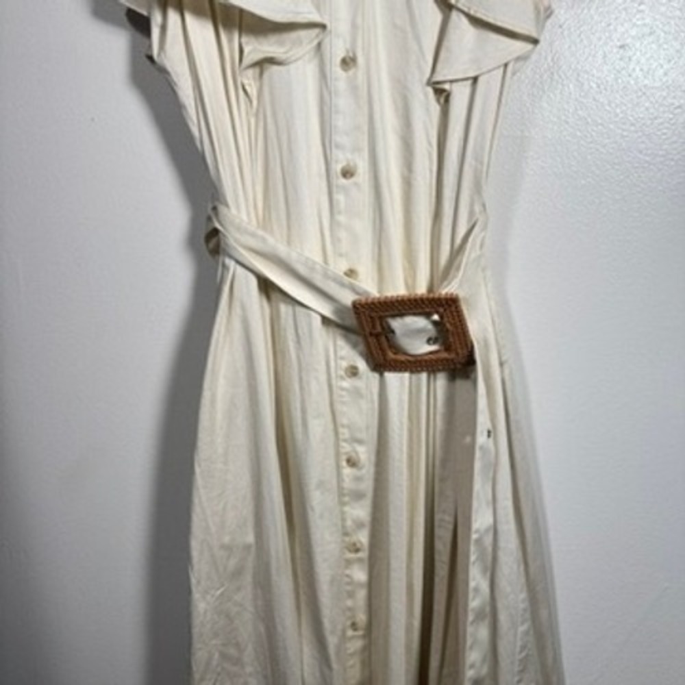 Alden Adair Button Front Dress Women Sz S Cream Ruffle Flutter Sleeve Belted - Picture 6 of 13